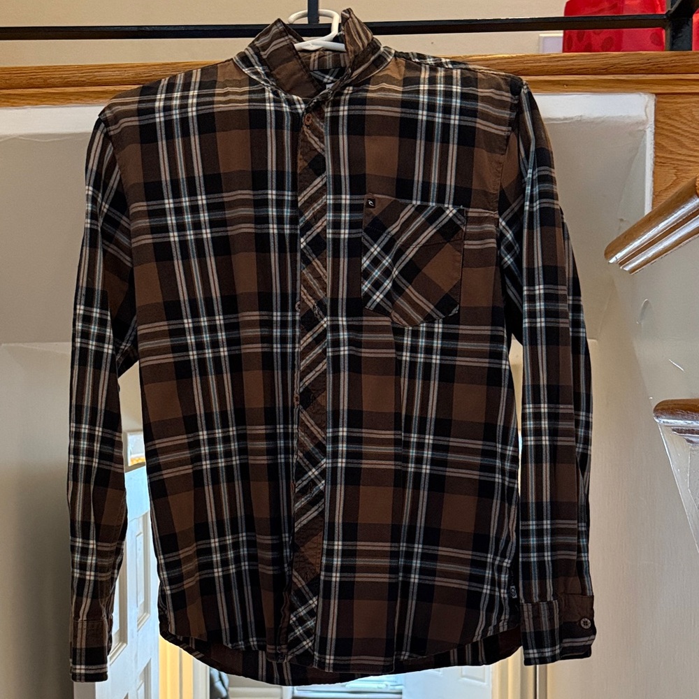 Rip Curl Men's Black and Brown Plaid Shirt